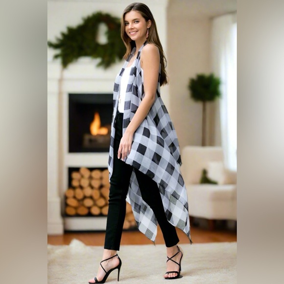 NEW Womens Black White Christmas Plaid Kimono Cardigan Vest Swim Cover - Picture 3 of 5